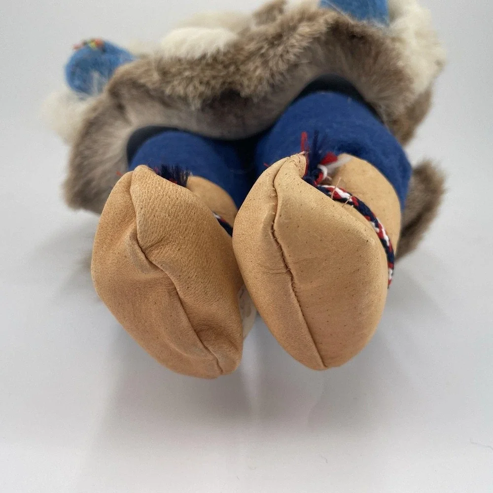 Vintage Inuit Eskimo Doll Faux Fur Parka Moccasins Blue Embroidered Trim 12 Inch